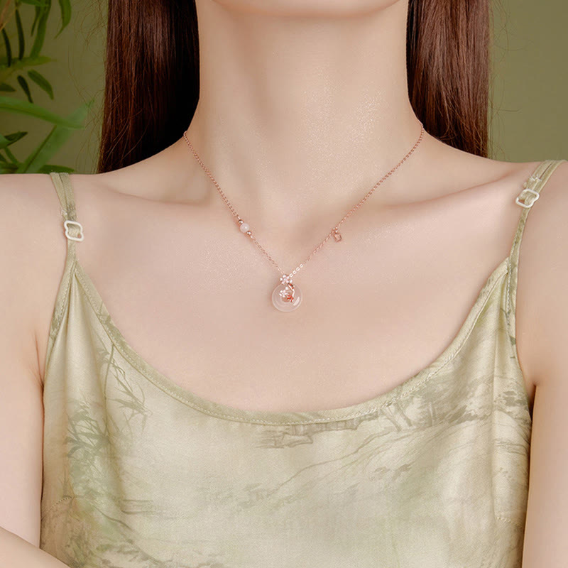 Wear FengShui Chalcedony Pink Crystal 925 Sterling Silver Flowers Koi Fish Peace Buckle Positive Necklace Pendant