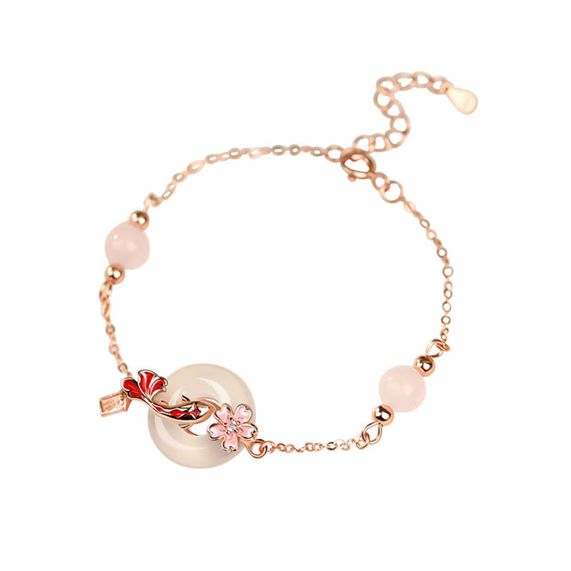 Wear FengShui Chalcedony Pink Crystal 925 Sterling Silver Flowers Koi Fish Peace Buckle Positive Bracelet