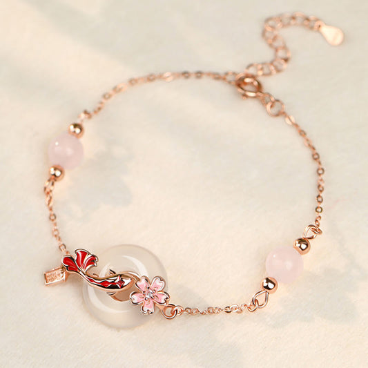 Wear FengShui Chalcedony Pink Crystal 925 Sterling Silver Flowers Koi Fish Peace Buckle Positive Bracelet