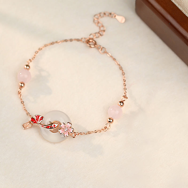 Wear FengShui Chalcedony Pink Crystal 925 Sterling Silver Flowers Koi Fish Peace Buckle Positive Bracelet
