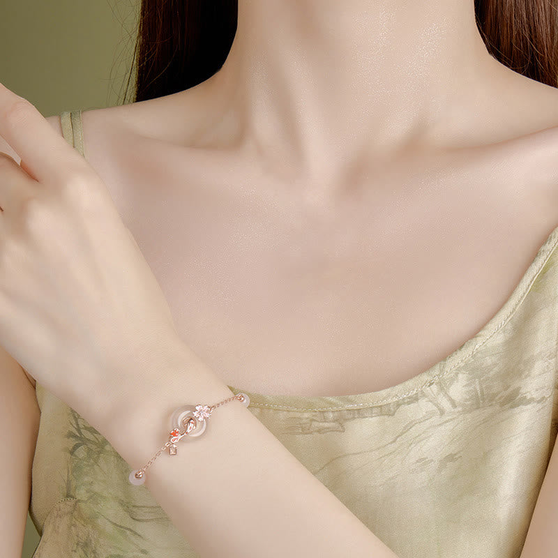 Wear FengShui Chalcedony Pink Crystal 925 Sterling Silver Flowers Koi Fish Peace Buckle Positive Bracelet