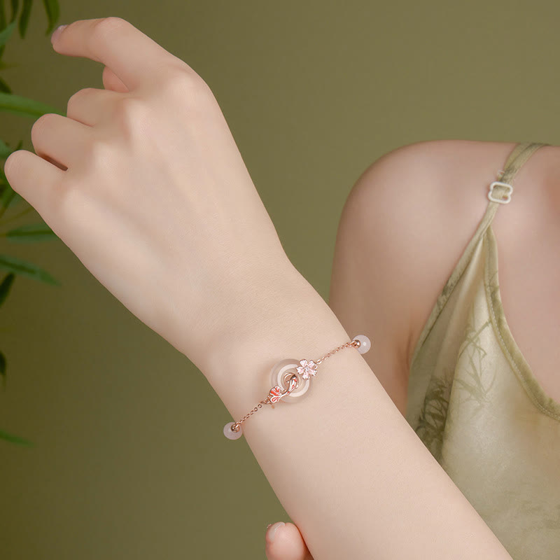 Wear FengShui Chalcedony Pink Crystal 925 Sterling Silver Flowers Koi Fish Peace Buckle Positive Bracelet