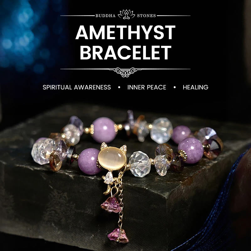 Wear FengShui Amethyst Green Crystal Red Crystal Cat Balance Bracelet