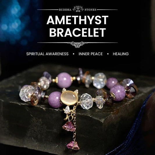 Wear FengShui Amethyst Green Crystal Red Crystal Cat Balance Bracelet