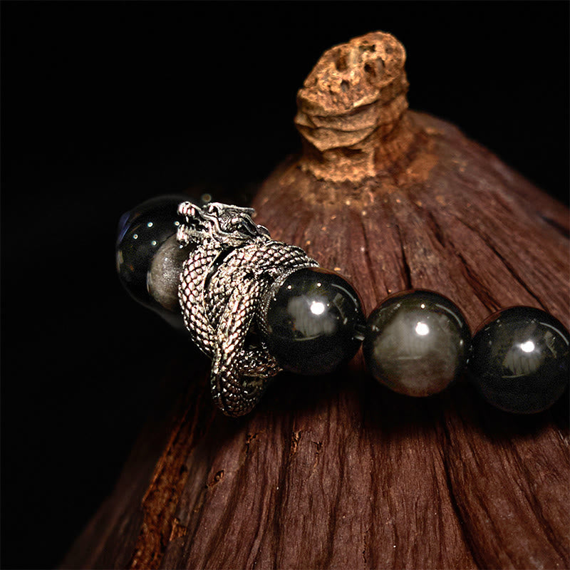 Wear FengShui Silver Sheen Obsidian Dragon Protection Bracelet