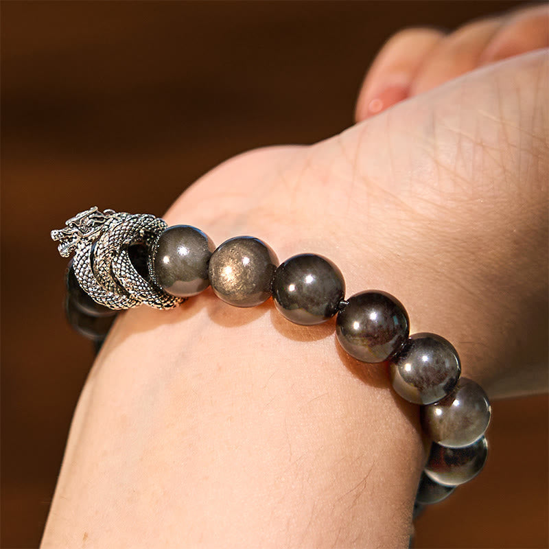 Wear FengShui Silver Sheen Obsidian Dragon Protection Bracelet