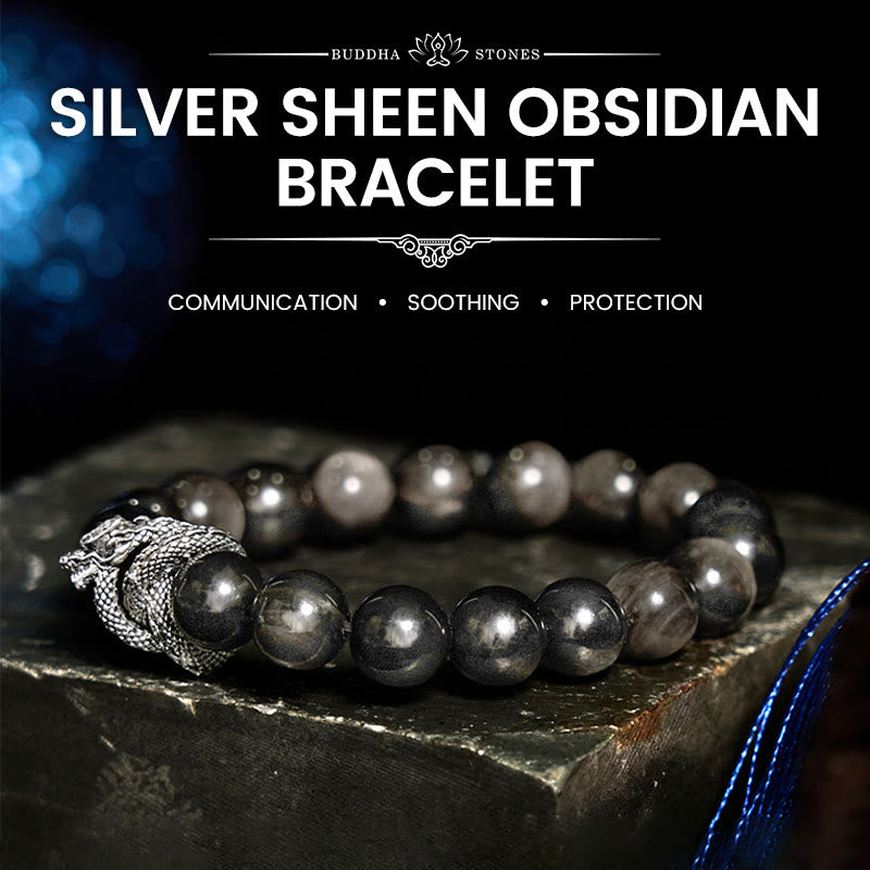 Wear FengShui Silver Sheen Obsidian Dragon Protection Bracelet