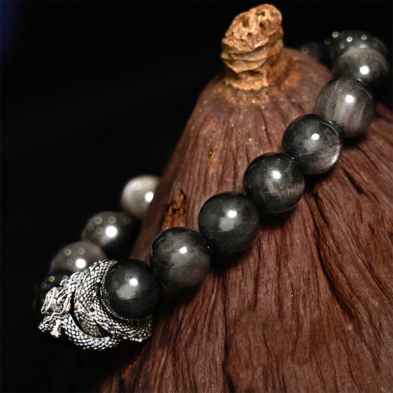 Wear FengShui Silver Sheen Obsidian Dragon Protection Bracelet