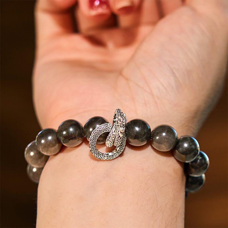 Wear FengShui Silver Sheen Obsidian Dragon Protection Bracelet