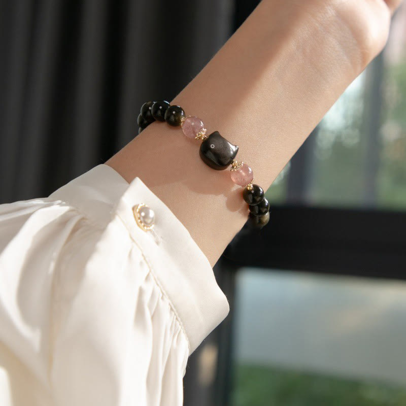 Wear FengShui Black Obsidian Strawberry Quartz Beads Silver Sheen Obsidian Cat Head Strength  Bracelet