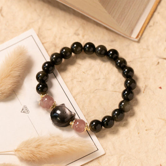 Wear FengShui Black Obsidian Strawberry Quartz Beads Silver Sheen Obsidian Cat Head Strength  Bracelet