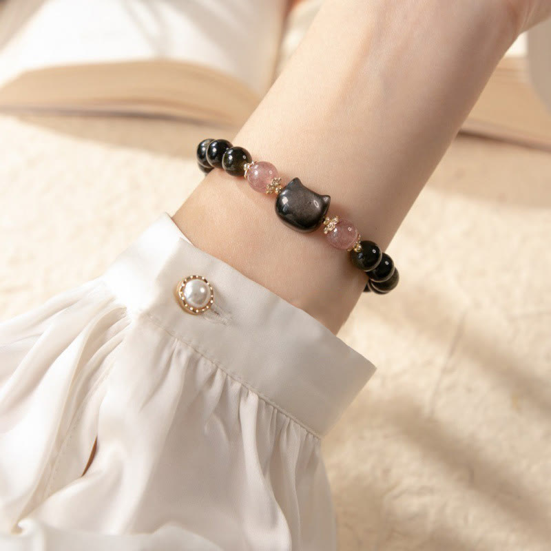 Wear FengShui Black Obsidian Strawberry Quartz Beads Silver Sheen Obsidian Cat Head Strength  Bracelet