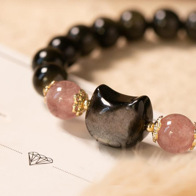 Wear FengShui Black Obsidian Strawberry Quartz Beads Silver Sheen Obsidian Cat Head Strength  Bracelet