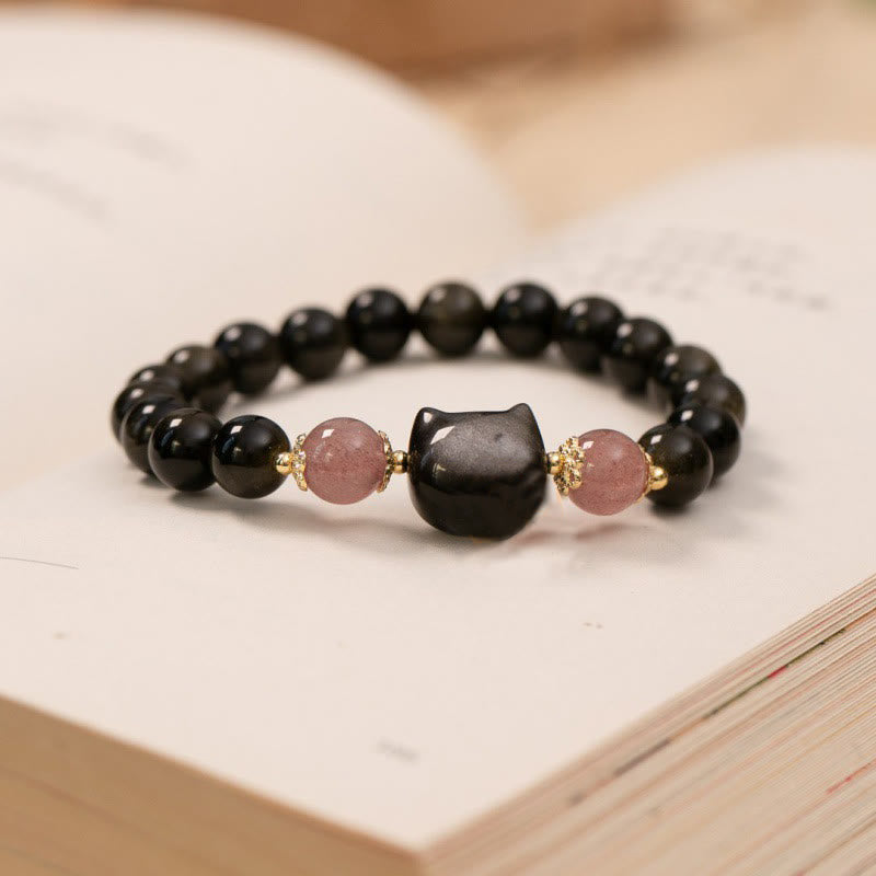 Wear FengShui Black Obsidian Strawberry Quartz Beads Silver Sheen Obsidian Cat Head Strength  Bracelet