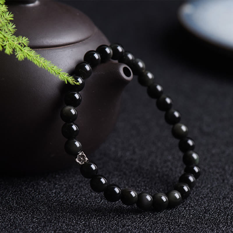 Wear FengShui Black Obsidian Bead 925 Sterling Silver Flower Design Purification Bracelet