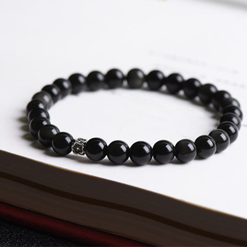 Wear FengShui Black Obsidian Bead 925 Sterling Silver Flower Design Purification Bracelet