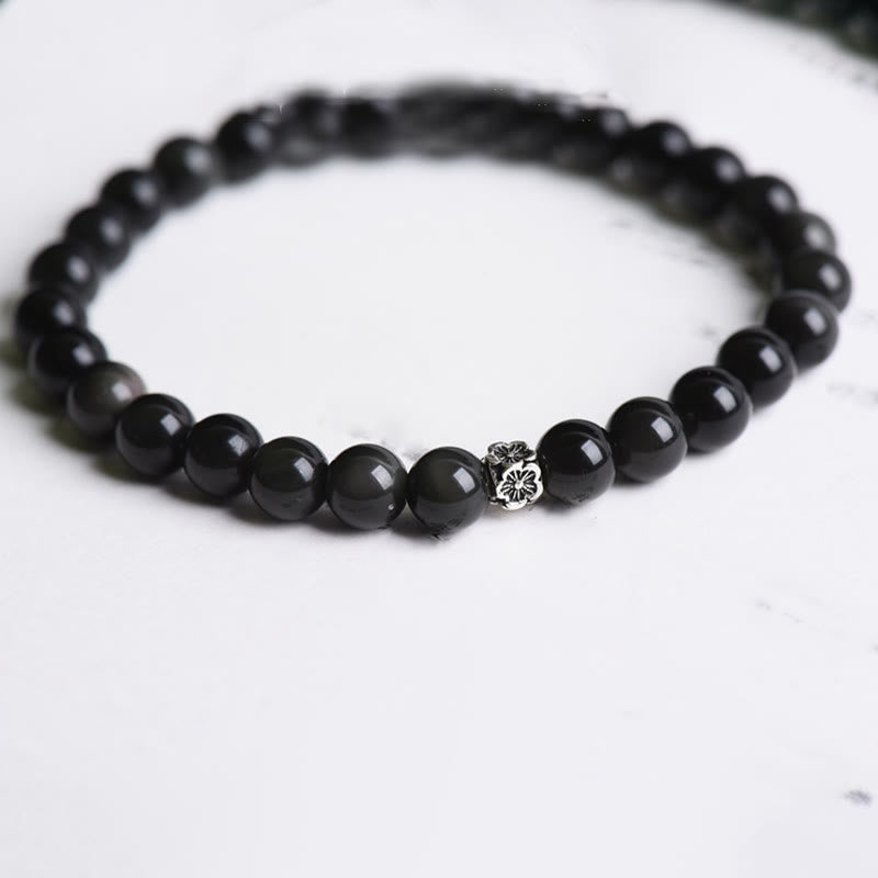 Wear FengShui Black Obsidian Bead 925 Sterling Silver Flower Design Purification Bracelet