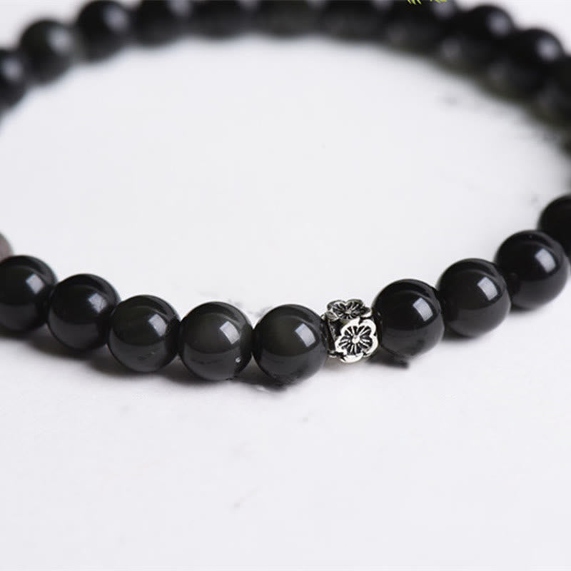 Wear FengShui Black Obsidian Bead 925 Sterling Silver Flower Design Purification Bracelet