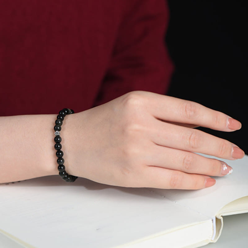 Wear FengShui Black Obsidian Bead 925 Sterling Silver Flower Design Purification Bracelet