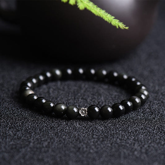 Wear FengShui Black Obsidian Bead 925 Sterling Silver Flower Design Purification Bracelet