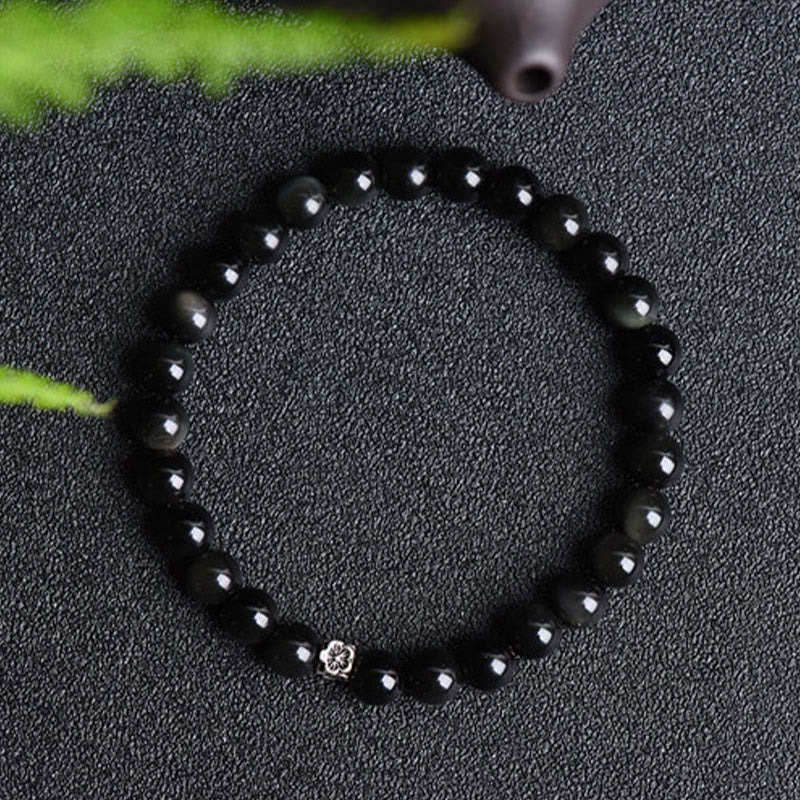 Wear FengShui Black Obsidian Bead 925 Sterling Silver Flower Design Purification Bracelet