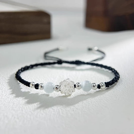 Wear FengShui 999 Sterling Silver Lotus Design Cat's Eye Bead Protection String Bracelet