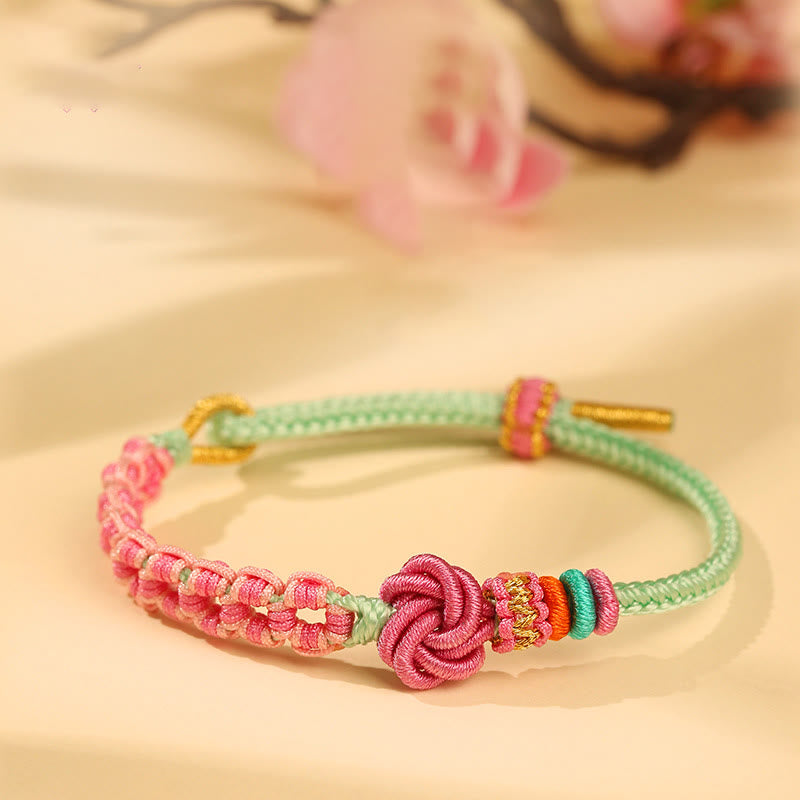 Wear FengShui Handmade Pink Green Peach Blossom Knot Braided Bracelet