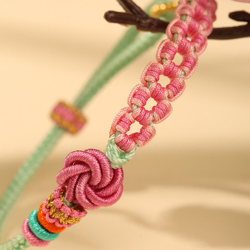 Wear FengShui Handmade Pink Green Peach Blossom Knot Braided Bracelet