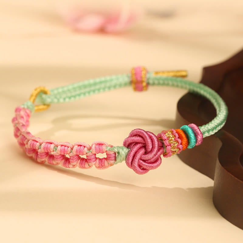 Wear FengShui Handmade Pink Green Peach Blossom Knot Braided Bracelet