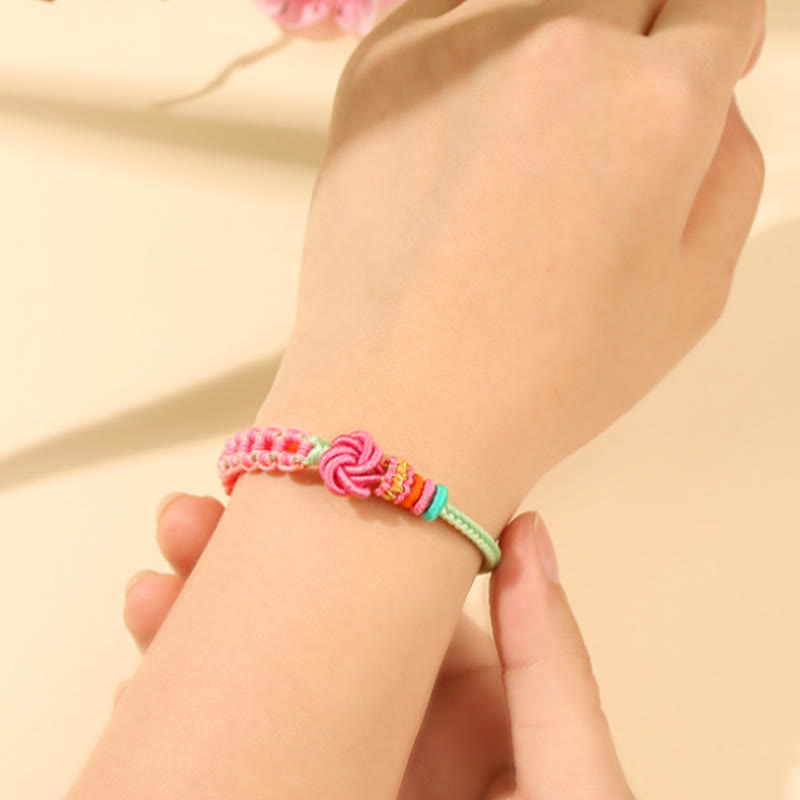 Wear FengShui Handmade Pink Green Peach Blossom Knot Braided Bracelet
