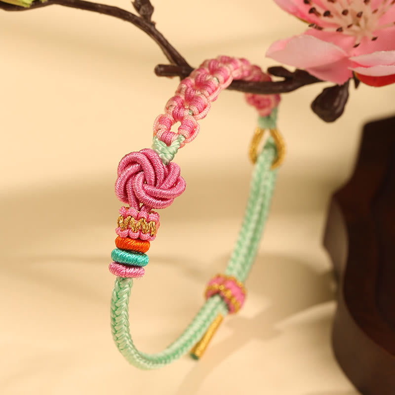 Wear FengShui Handmade Pink Green Peach Blossom Knot Braided Bracelet