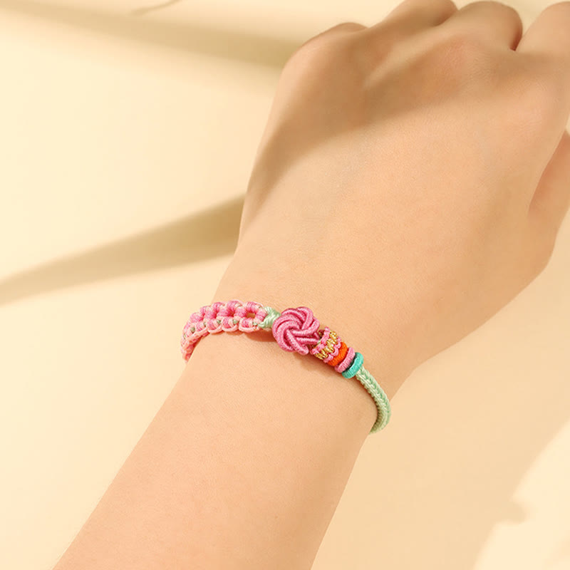 Wear FengShui Handmade Pink Green Peach Blossom Knot Braided Bracelet