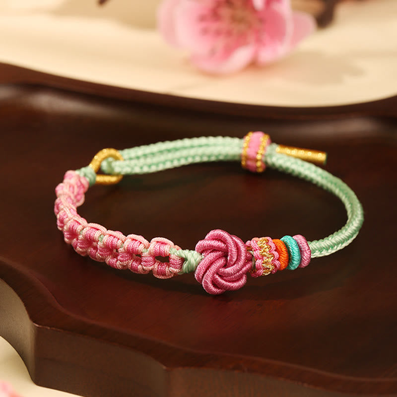 Wear FengShui Handmade Pink Green Peach Blossom Knot Braided Bracelet