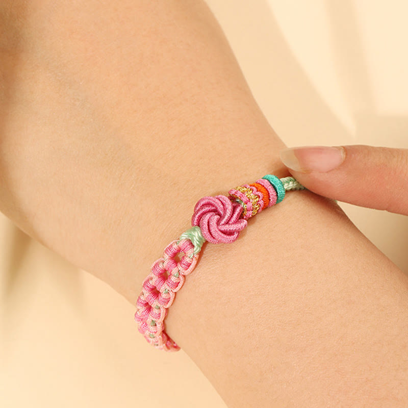 Wear FengShui Handmade Pink Green Peach Blossom Knot Braided Bracelet