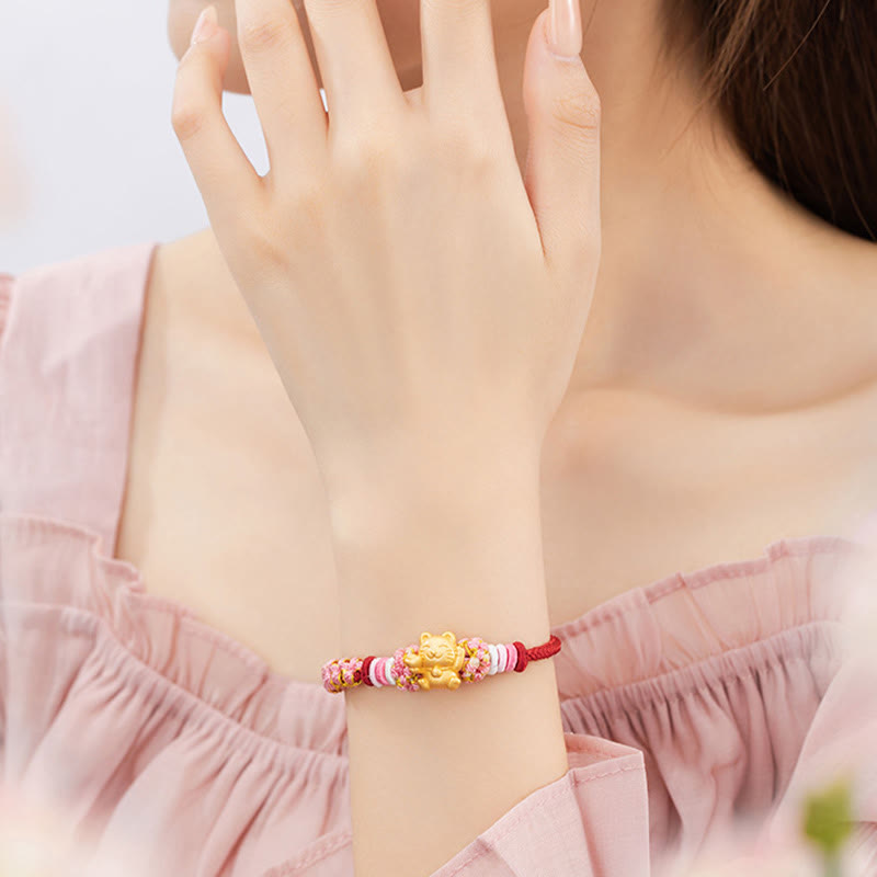 Wear FengShui Handmade 999 Sterling Silver Fortune Cat Ingot Peach Blossom Luck Red Rope Bracelet