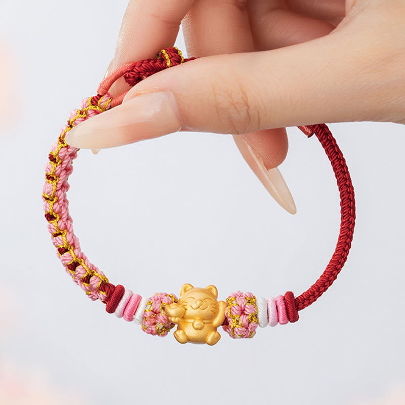 Wear FengShui Handmade 999 Sterling Silver Fortune Cat Ingot Peach Blossom Luck Red Rope Bracelet