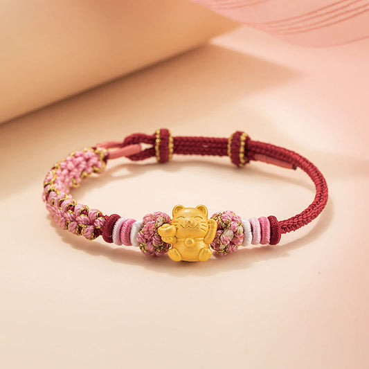 Wear FengShui Handmade 999 Sterling Silver Fortune Cat Ingot Peach Blossom Luck Red Rope Bracelet