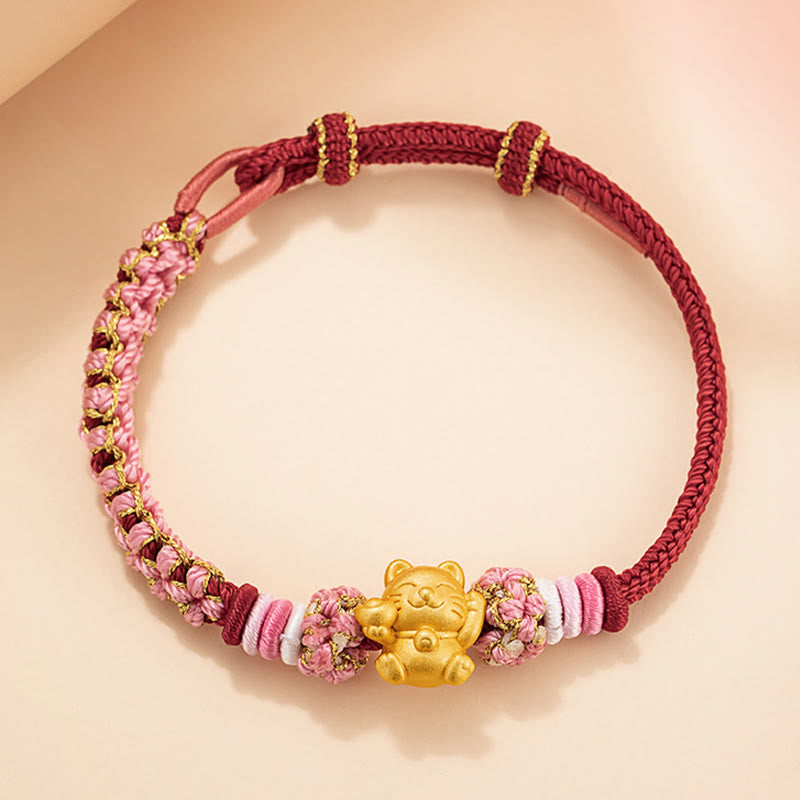 Wear FengShui Handmade 999 Sterling Silver Fortune Cat Ingot Peach Blossom Luck Red Rope Bracelet
