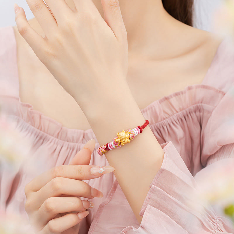 Wear FengShui Handmade 999 Sterling Silver Fortune Cat Ingot Peach Blossom Luck Red Rope Bracelet