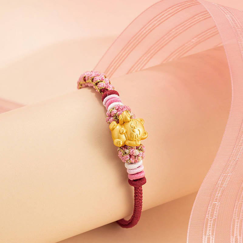 Wear FengShui Handmade 999 Sterling Silver Fortune Cat Ingot Peach Blossom Luck Red Rope Bracelet