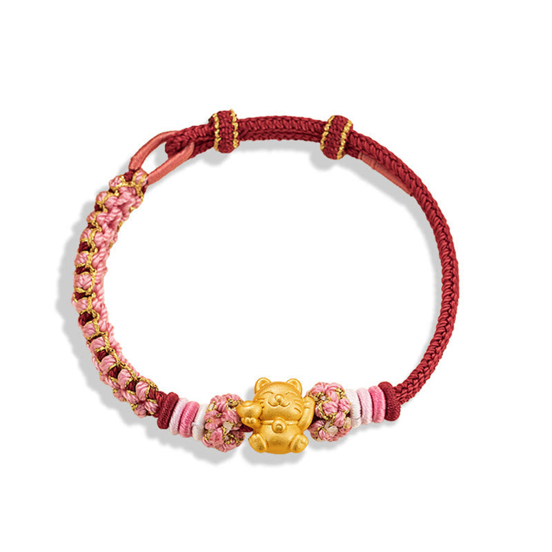 Wear FengShui Handmade 999 Sterling Silver Fortune Cat Ingot Peach Blossom Luck Red Rope Bracelet