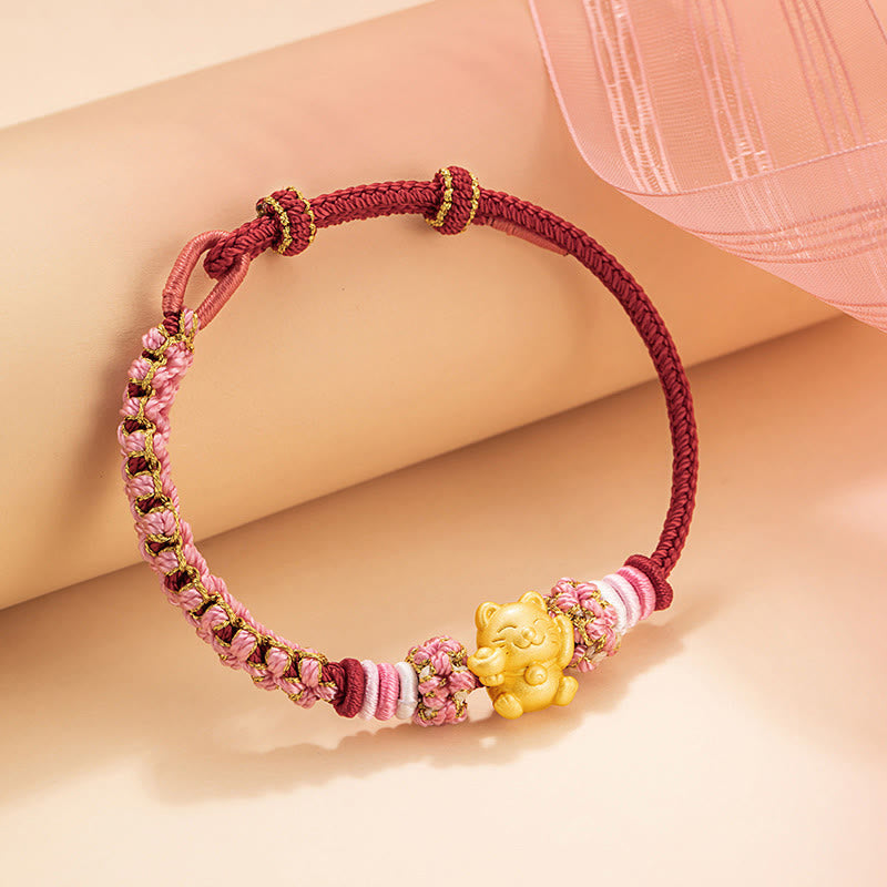 Wear FengShui Handmade 999 Sterling Silver Fortune Cat Ingot Peach Blossom Luck Red Rope Bracelet