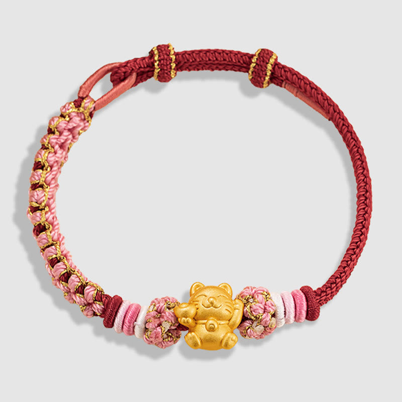 Wear FengShui Handmade 999 Sterling Silver Fortune Cat Ingot Peach Blossom Luck Red Rope Bracelet