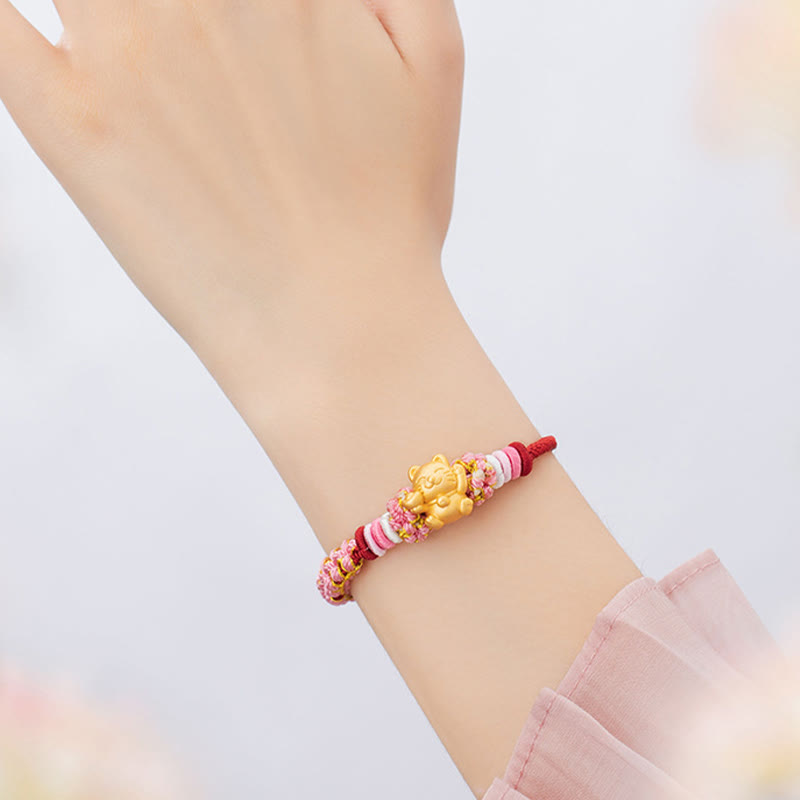 Wear FengShui Handmade 999 Sterling Silver Fortune Cat Ingot Peach Blossom Luck Red Rope Bracelet