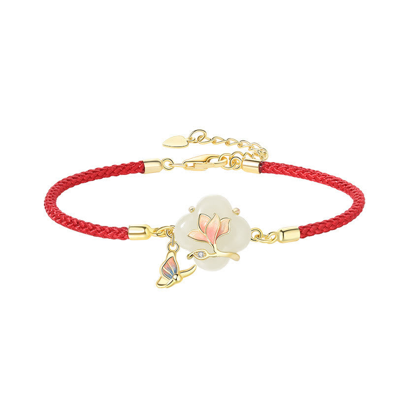 Wear FengShui 925 Sterling Silver Hetian Jade Magnolia Flower Butterfly Luck Chain Bracelet