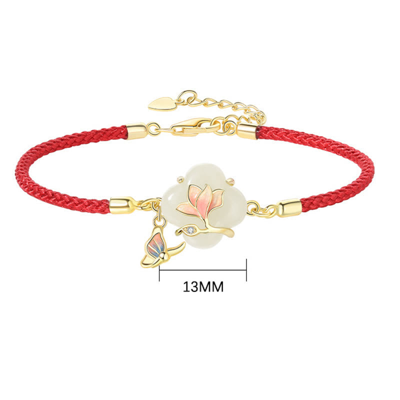 Wear FengShui 925 Sterling Silver Hetian Jade Magnolia Flower Butterfly Luck Chain Bracelet
