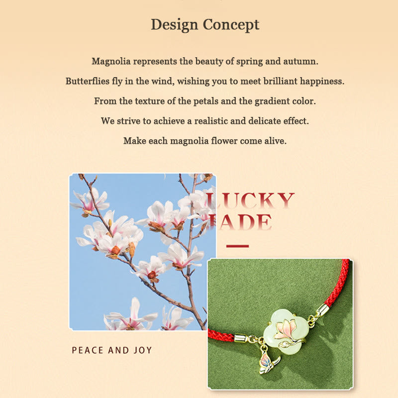 Wear FengShui 925 Sterling Silver Hetian Jade Magnolia Flower Butterfly Luck Chain Bracelet