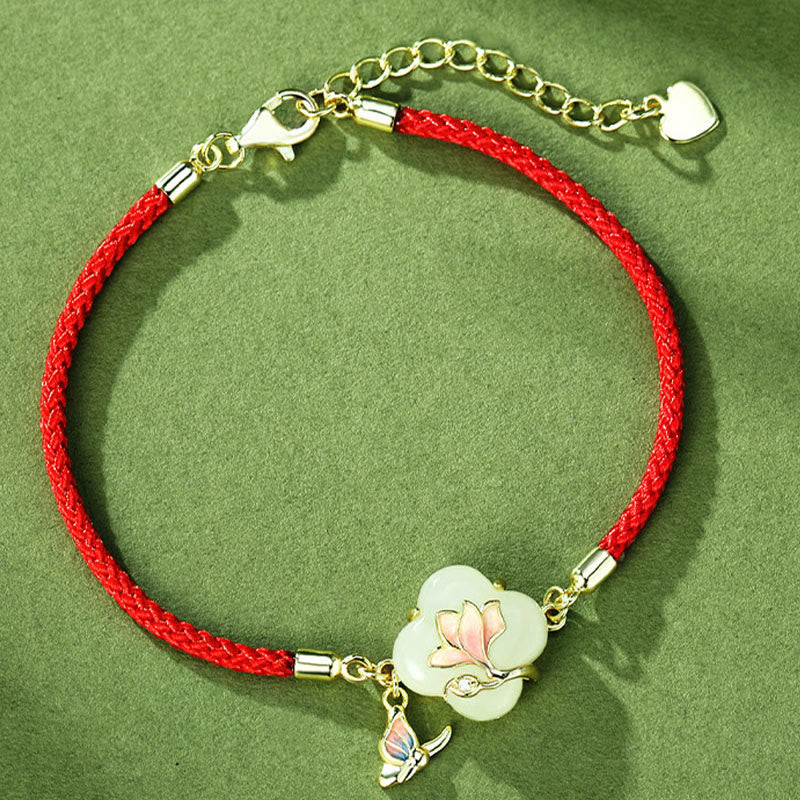 Wear FengShui 925 Sterling Silver Hetian Jade Magnolia Flower Butterfly Luck Chain Bracelet