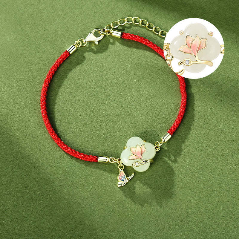 Wear FengShui 925 Sterling Silver Hetian Jade Magnolia Flower Butterfly Luck Chain Bracelet
