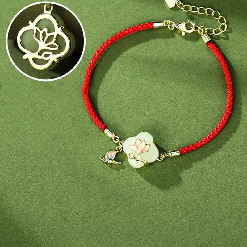 Wear FengShui 925 Sterling Silver Hetian Jade Magnolia Flower Butterfly Luck Chain Bracelet